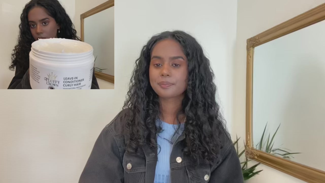 Load video: Girl explaining why fluffy crowns products for curly hair is so good.